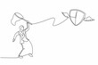 © Simple Line - Single one line drawing Arab businesswoman try to catch flying shield with butterfly net. Loss of body protection due to not being vaccinated. Continuous line draw design graphic vector illustration