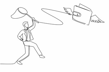 Wall Mural - Single one line drawing businessman try to catching flying wallet with butterfly net. Losing money, spending, pay, wasteful, gone money, financial concept. Continuous line design vector illustration