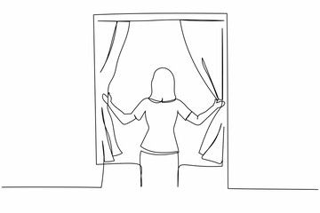 Wall Mural - Single one line drawing back view of young woman standing and opening window curtains. Concept of person wake up in morning to get fresh air. Continuous line draw design graphic vector illustration