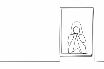 Wall Mural - Continuous one line drawing sad woman sitting near the window with support the chin. Pandemic impact in business, economic recession, market crash. Single line draw design vector graphic illustration