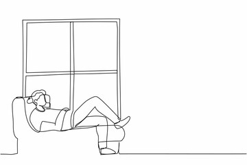 Wall Mural - Single one line drawing young man lying on windowsill at home. Male resting in room near window. Spending time at home, relaxing after work, reading. Continuous line graphic design vector illustration