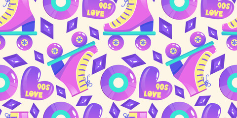 Wall Mural - 90s seamless pattern in retro style. Cartoon 1990 style vector illustration. Trendy vector design. Neon color. Seamless pattern with rollers, disk and heart