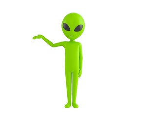 Alien character raise his hand and pointing to the side in 3d rendering.