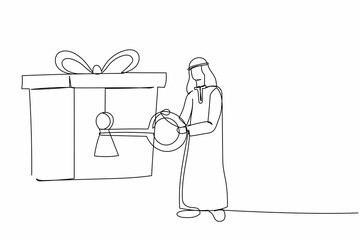 Wall Mural - Continuous one line drawing Arabian businessman putting key into gift box with ribbon. Unlock gift for successful business achievement. Celebration concept. Single line draw design vector illustration