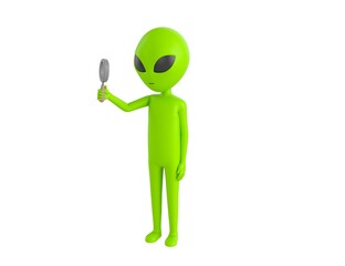 Wall Mural - Alien character holding magnifying glass in 3d rendering.