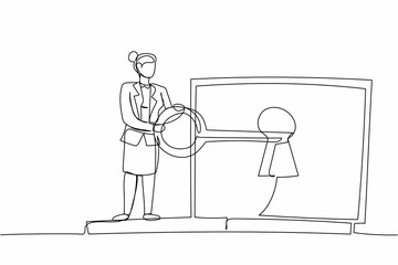 Wall Mural - Single continuous line drawing businesswoman put key into laptop computer. Internet security, access to encrypted data, protection of personal information. One line graphic design vector illustration