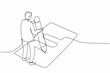 Single continuous line drawing businessman filled out questionnaire on the floor. Worker writes test on clipboard with giant pencil. Man standing near checklist. One line design vector illustration