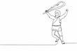 © Simple Line - Continuous one line drawing caveman holding and raised cudgel overhead. Man hunting an ancient animal with cudgel, prehistoric male with weapon. Single line draw design vector graphic illustration