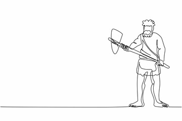 Wall Mural - Single one line drawing primitive archaic man wearing clothes made of animal skin and holding big stone axe. Caveman, warrior or hunter from stone age. Continuous line draw design graphic illustration
