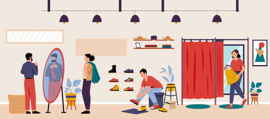 Wall Mural - People in boutique. Man and woman going to fashion clothing store. Male characters looking at mirror