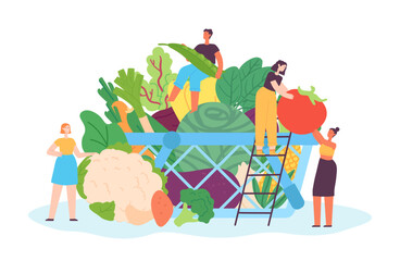 Wall Mural - Tiny people with vegetables. Female and male characters carrying veggies to basket. Container full of fresh