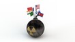 3d rendering of an old bomb with a fuse and a radiation sign. A nuclear bomb with the flags of the member states of the nuclear club. The Nuclear club. The idea of the problem of nuclear weapons.