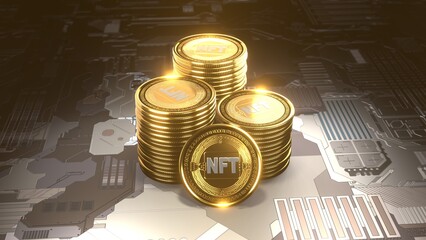 Wall Mural - 3d rendering of a set of NFT coins on the surface of the chip. Gold coins of the new cryptocurrency, virtual art. The idea of digitalization of art. Illustration for compositions.