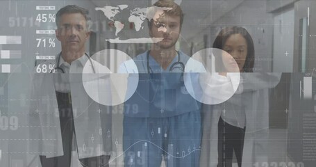 Canvas Print - Animation of digital infographic interface moving over portrait of confident multiracial doctors