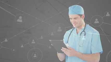 Poster - Animation of thoughtful caucasian doctor using tablet and profile icons interconnecting with lines