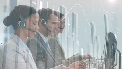 Wall Mural - Animation of financial data processing over diverse business people using phone headsets