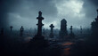 Leinwandbild Motiv Gloomy night cemetery, stone monuments. Sky with clouds, fog. Dramatic scene for Halloween background. 3D illustration