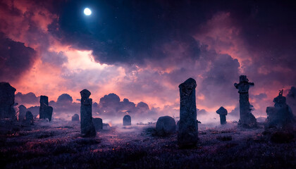 Gloomy night cemetery, stone monuments. Sky with clouds, fog. Dramatic scene for Halloween background. 3D illustration