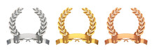 Set Of Laurel Wreaths With Ribbon Gold, Silver, Bronze, 3d Render