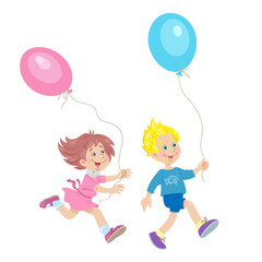 Canvas Print - Funny boy and cute girl are running with colorful balloons. In cartoon style. Isolated on white background. Vector flat illustration.