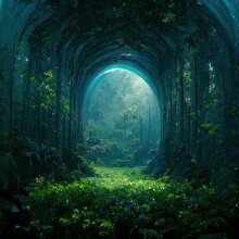 Raster Illustration Of Tunnel In The Forest Of Trees. Passage Through The Dense Forest, Natural Wonders, Wild, Portal To Another World, Courtship Of Nature. 3D Artwork Raster Illustration
