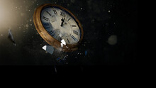 Time Clock Breaking In Flying Pieces On Black Background. 3D Rendering