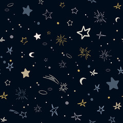 Wall Mural - Vector space seamless pattern with planets, comets, constellations and stars. Night sky hand drawn doodle astronomical background