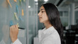 © Yuliia - Thoughtful young businesswoman arabian hispanic creative designer come to note board in office read colorful stickers write reminders on sticky papers handwriting to-do list organize corporate goals