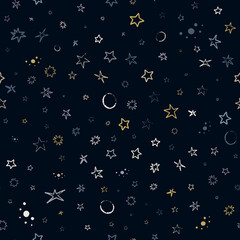 Wall Mural - Vector space seamless pattern with planets, comets, constellations and stars. Night sky hand drawn doodle astronomical background
