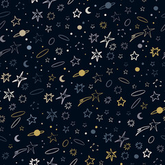Wall Mural - Vector space seamless pattern with planets, comets, constellations and stars. Night sky hand drawn doodle astronomical background