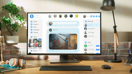 At Home Office: PC Monitor Standing on Adjustable Table With Social Media Wall Feed, Live Stream Videos, Posts, Pictures. Mock-up Posts: Creativity, Tech, News, Science, Lifestyle Content.