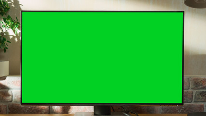 Poster - Desktop Personal Computer Monitor Standing on a Table with a Green Screen Chromakey Mock Up Display. Cozy Empty Loft Apartment with a Lamp, Notebooks and Headphones on the Table.