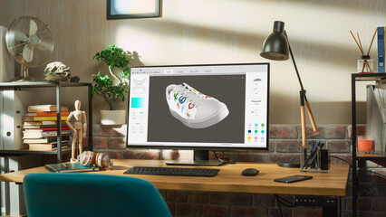 Poster - Desktop Computer Monitor Standing on a Table with 3D Design Softwear Processing a Model of Shoe. Cozy Empty Loft Apartment with Big Window with a Lamp, Notebook and Headphones on the Table.