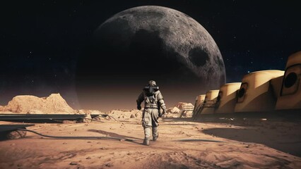 Wall Mural - Astronaut in a space suit walking across Mars base toward the Moon