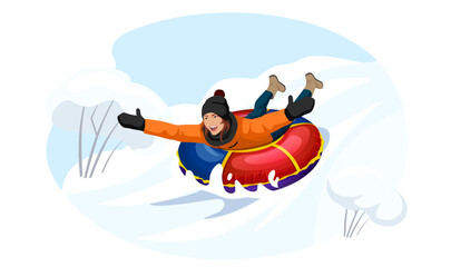 Wall Mural - Happy woman slide down the hill on red, blue tubing. Smiling young girl riding on tubing extreme lying on stomach and hold hands to the sides. Cartoon Vector illustration Isolated on white background