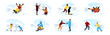 Set of winter activity story. People enjoy of snowy season, skating on ice, sliding down the hill on tubing, snow scooter, sledging on sled. Man, woman, kid, child making snowman. Vector illustration.