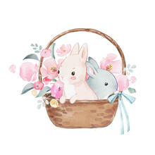Watercolor Illustration Of A Two Rabbits White And Grey In A Basket Full Of Pink And Rose Flowers.