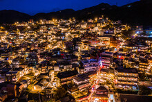 Aerial View Of Night Scene Of Jioufen Village, Taiwan. The Colourful Scene At Night Of Jiufen Old City, Jiufen, Taiwan.