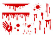 Collection of blood splatters. Halloween bleeding hand. Red paint
