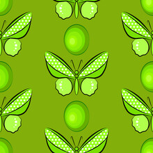 Cartoon Green Butterfly Seamless Pattern, Colorful Background. Natural Summer Vector Fabric Print Template. Beautiful Insect, Spread Wings Wallpaper.
