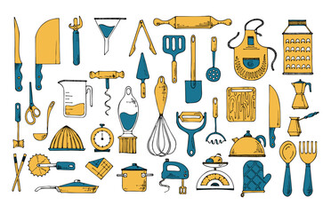 Set of kitchen tools color doodles. Hand drawn kitchen equipments. 
Vector illustration on white background.