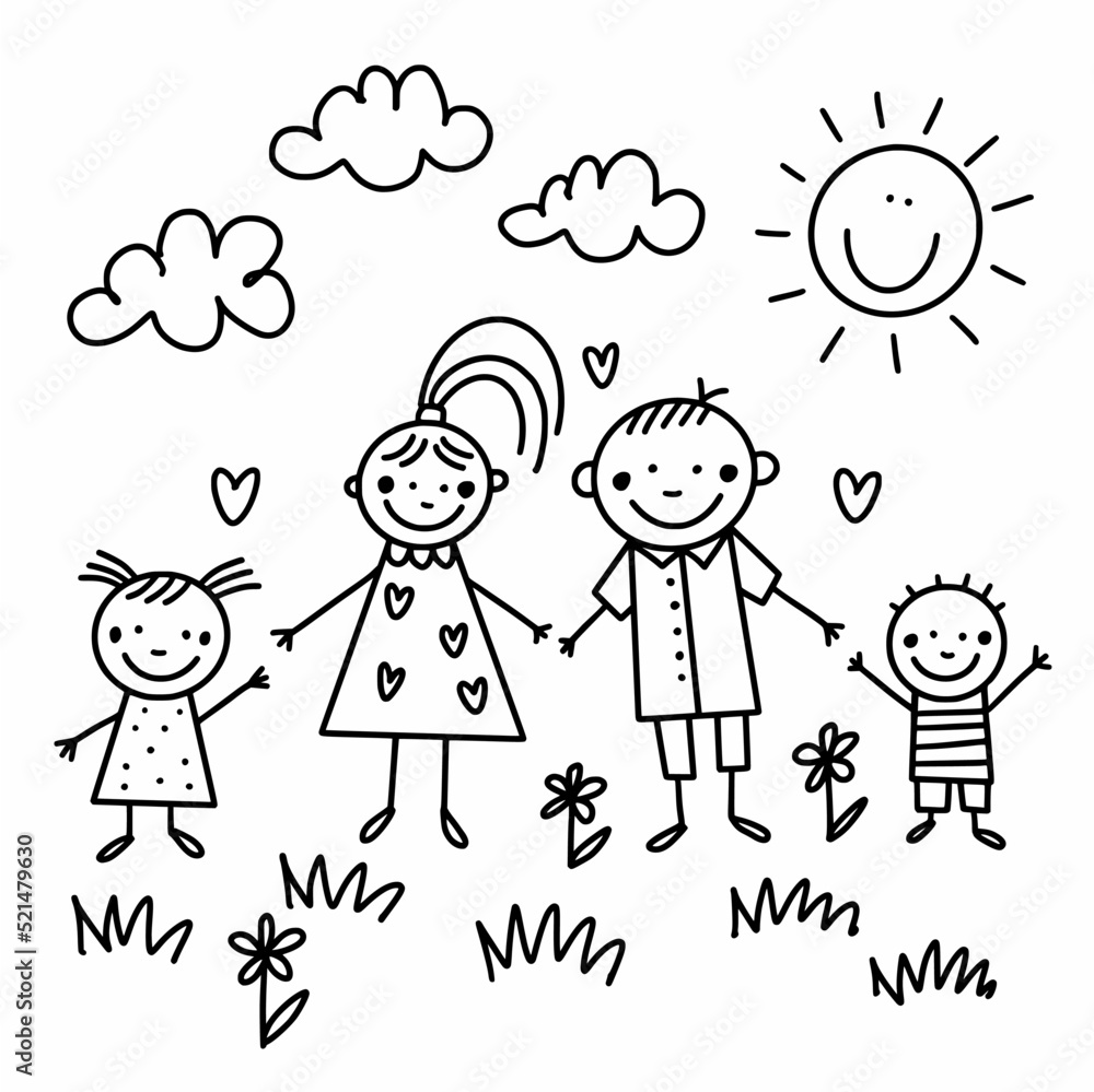 Children's drawing of a happy family. Mom, Dad, kids vector drawing by ...