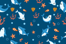 Sharks Pattern. Cartoon Shark, Seaweed Print. Sea Wildlife, Underwater World Vector Seamless Texture	