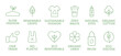 Sustainable clothes line icon set. Eco viscose product logo. Slow fashion badge. Organic cotton, natural dyes, renewable crop label. Fair trade. Conscious development. Zero waste. Vector illustration