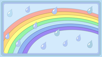 Wall Mural - Paper cut style. Gentle, colorful, fun background for web design and for presentations. A rainbow in the sky and falling raindrops. Perimeter frame. Vector illustration. Minimalism.