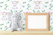 Boho Baby Frame Mockup Frame 8x10 And Plush Elephant,  3D Render	
