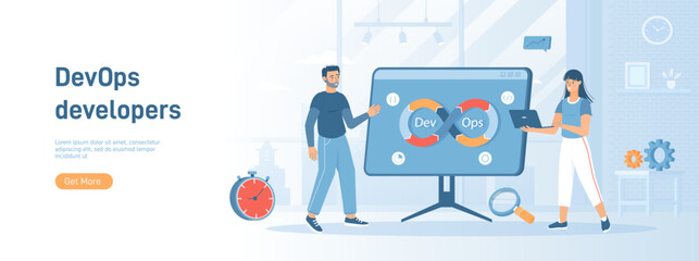 DevOps developers work with automation process in shape of infinity sign. Software development. Flat concept great for social media promotional material. Website banner on white background.