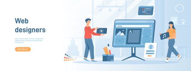 Web designers work on computer interface. Developing web page, organization website, create layout. Flat concept great for social media promotional material. Website banner on white background.