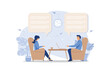 © Alwie99d - workers are sitting at the negotiating table, vector collective thinking and brainstorming, company information analytics, flat design modern illustration