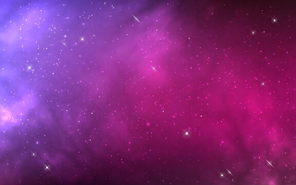 Fototapete - Color cosmos texture. Magic purple wallpaper with stars. Bright universe and shining nebula. Pink starry background. Infinite stardust effect. Vector illustration